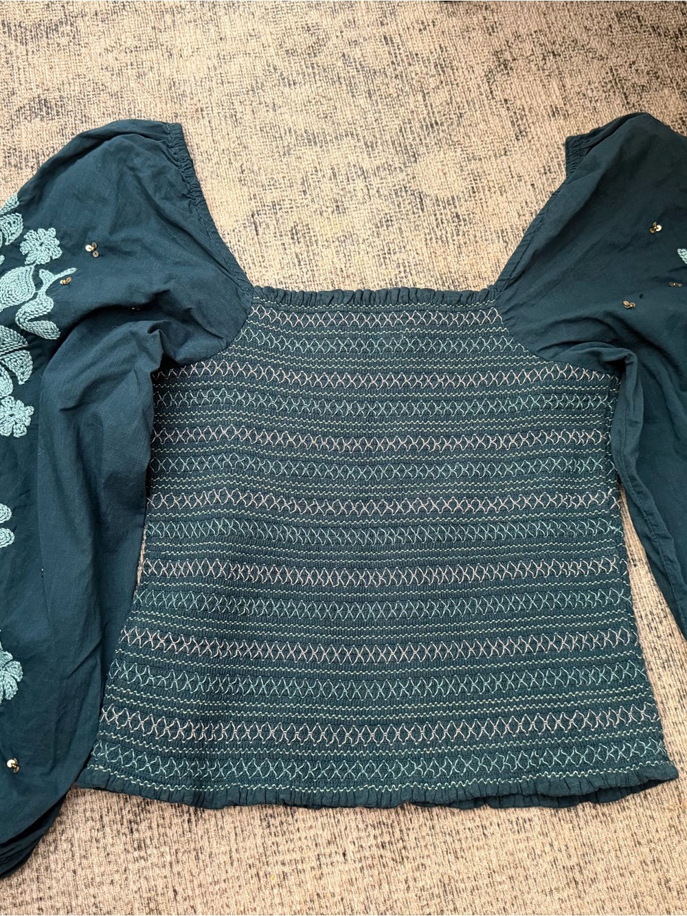 Anthropologie Teal Smocked Puff-Sleeve Blouse